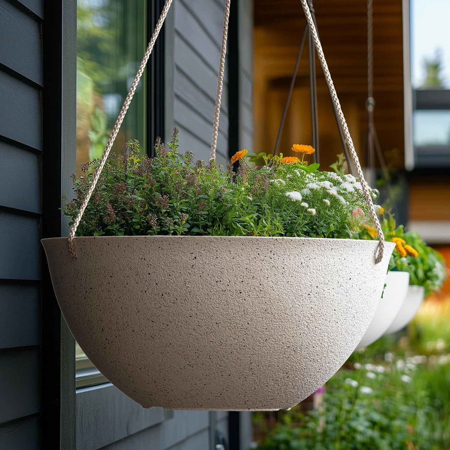 Large Hanging Planters for Outdoor Plants - 13 Inch Hanging Flower Pots Set of 2, Speckled White