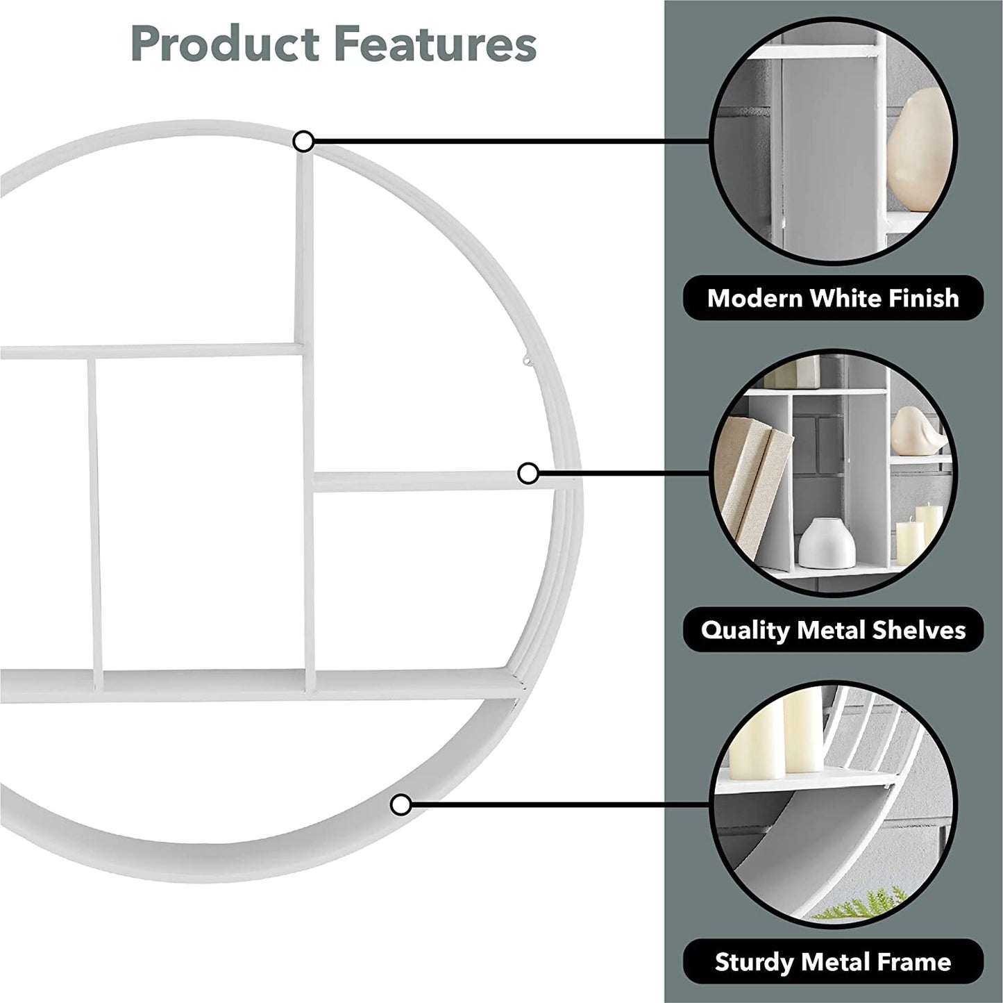 & Co. White Brody Wall Shelf, round 3 Tier Wall Mounted Floating Shelf for Bathroom, Bedroom, Living Room Decor, Metal, Industrial, 27.5 Inches