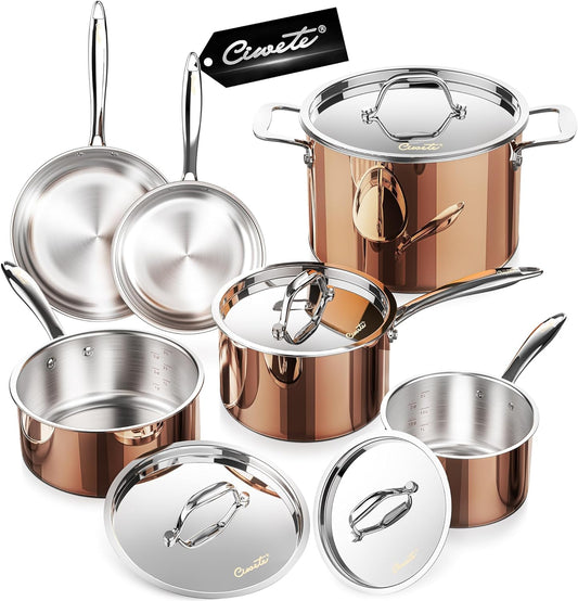 Whole Tri-Ply 18/10 Stainless Steel Pot and Pan Set (10 Piece), Copper Pots and Pans Set with Stainless Steel Lid, Induction Cookware Set, Include Stock Pot, Saucepan, Frying Pan - Copper