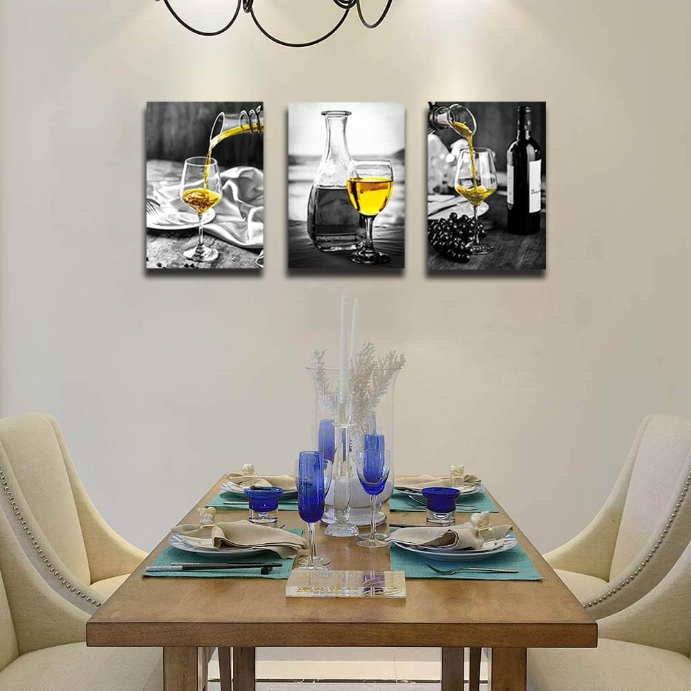 Kitchen Wall Art for Dining Room,Wine Painting Artwork Poster Black White Canvas Yellow Wine in Cups Pictures for Home Decorations
