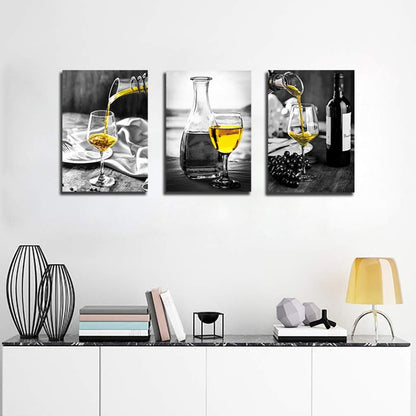 Kitchen Wall Art for Dining Room,Wine Painting Artwork Poster Black White Canvas Yellow Wine in Cups Pictures for Home Decorations