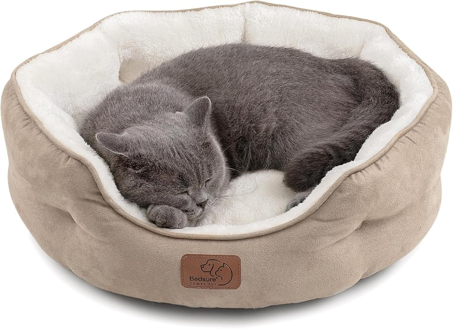 Dog Beds for Small Dogs - round Cat Beds for Indoor Cats, Washable Pet Bed for Puppy and Kitten with Slip-Resistant Bottom, 20 Inches, Camel