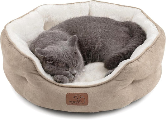 Dog Beds for Small Dogs - round Cat Beds for Indoor Cats, Washable Pet Bed for Puppy and Kitten with Slip-Resistant Bottom, 20 Inches, Camel
