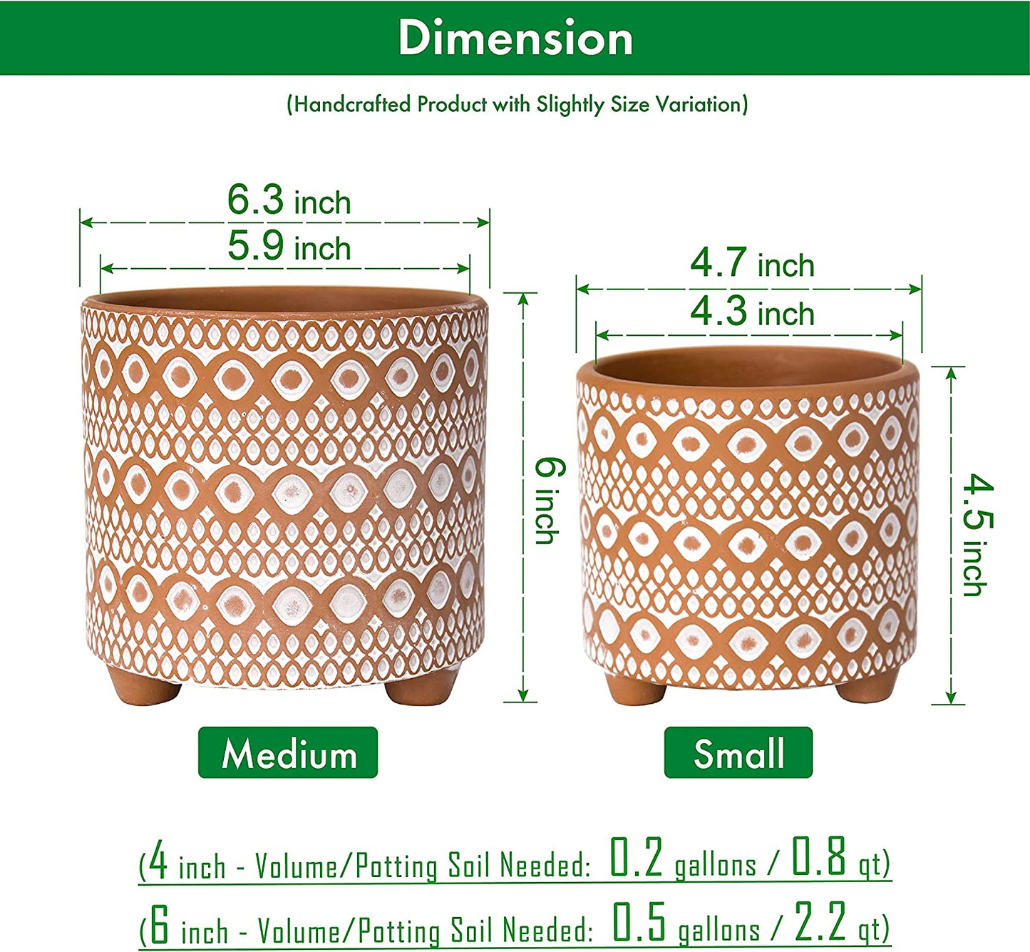 Set of 2 Terracotta Planter Pots, 4 Inch & 6 Inch, Design Plants Pot with Drainage Hole, Desert Mirage, Terracotta/White, 31-953-B-1