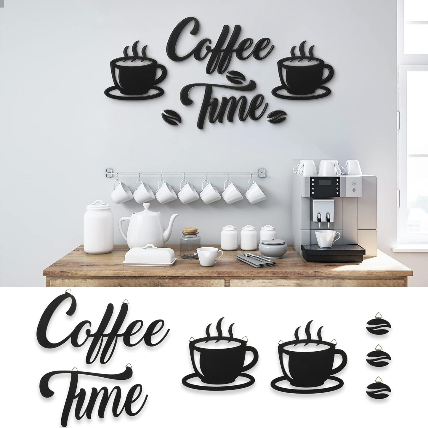 7 Pieces Coffee Time Rustic Sign Coffee Wall Art Coffee Sign Wall Decor with Coffee Beans and Coffee Cups Sign for Coffee Bar Home Office Kitchen (Basic Style)