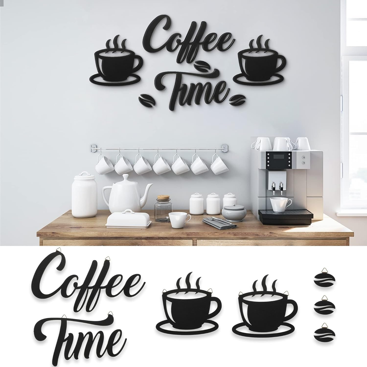 7 Pieces Coffee Time Rustic Sign Coffee Wall Art Coffee Sign Wall Decor with Coffee Beans and Coffee Cups Sign for Coffee Bar Home Office Kitchen (Basic Style)