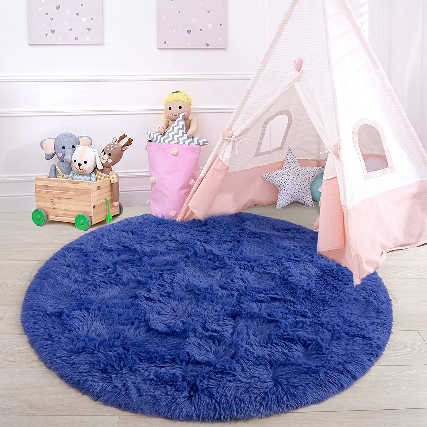 round Rug 5X5 Feet Fluffy Soft Area Rugs for Kids Girls Room Princess Castle Plush Shaggy Carpet Cute Circle Nursery Rug for Kids Girls Bedroom Baby Room Home Decor Circular Carpet, Navy Blue