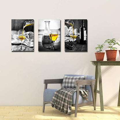 Kitchen Wall Art for Dining Room,Wine Painting Artwork Poster Black White Canvas Yellow Wine in Cups Pictures for Home Decorations