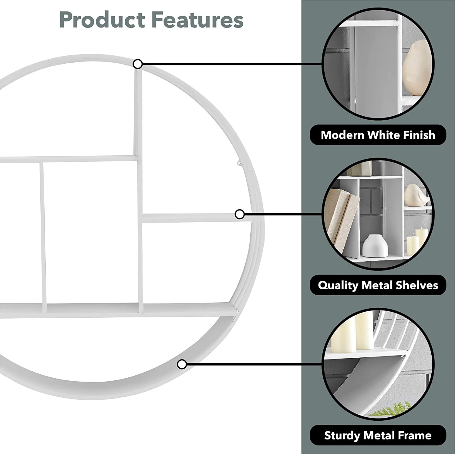 & Co. White Brody Wall Shelf, round 3 Tier Wall Mounted Floating Shelf for Bathroom, Bedroom, Living Room Decor, Metal, Industrial, 27.5 Inches