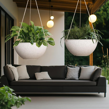 Large Hanging Planters for Outdoor Plants - 13 Inch Hanging Flower Pots Set of 2, Speckled White