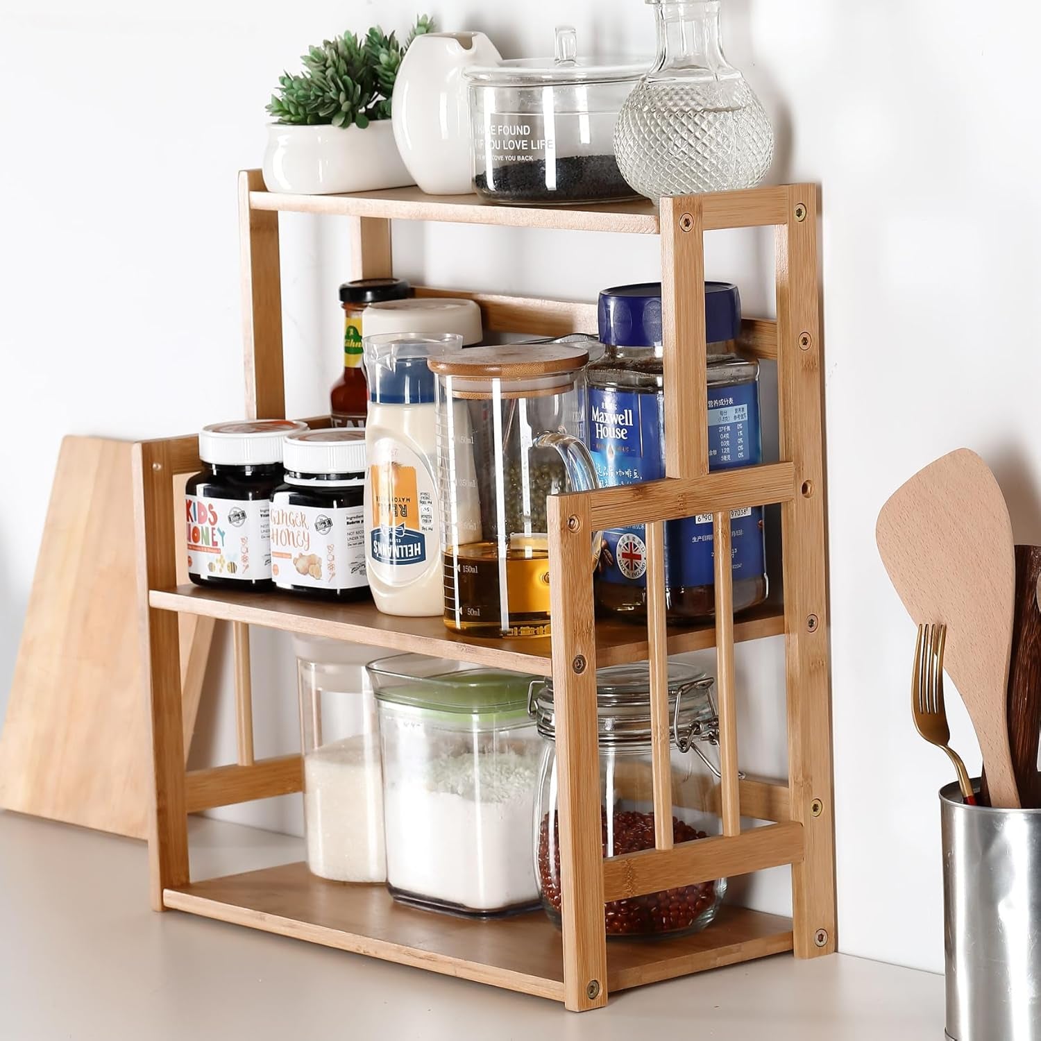 Bamboo Spice Rack Kitchen Countertop Organizer Storage Shelves-3 Tier Standing Pantry Shelf with Adjustable Shelf