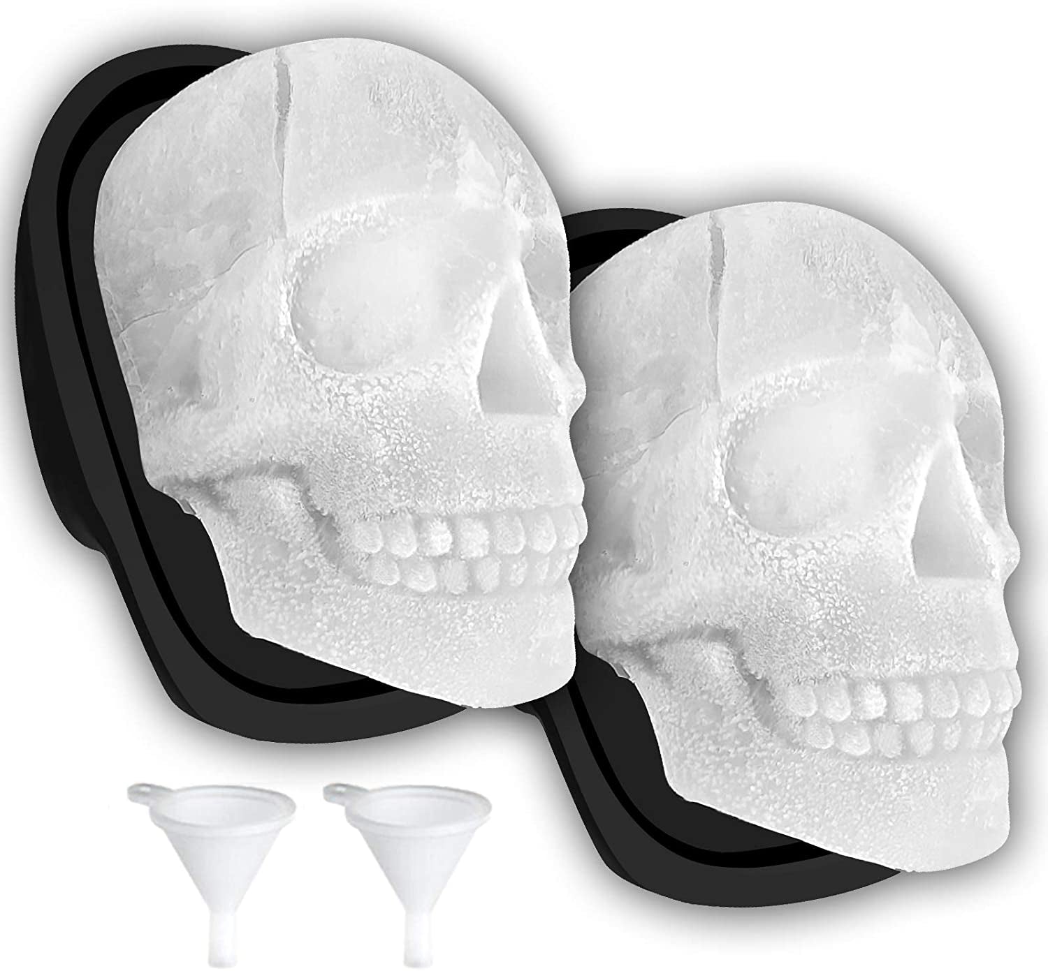 Extra Large 3D Skull Ice Cube Mold Silicone Ice Molds for Whiskey Skull Ice Cube Trays with Funnel for Big Mouth Cup Skull Ice Maker with Resin Chocolate Sugar Whiskey Ice Mold for Parties (2 Pcs)