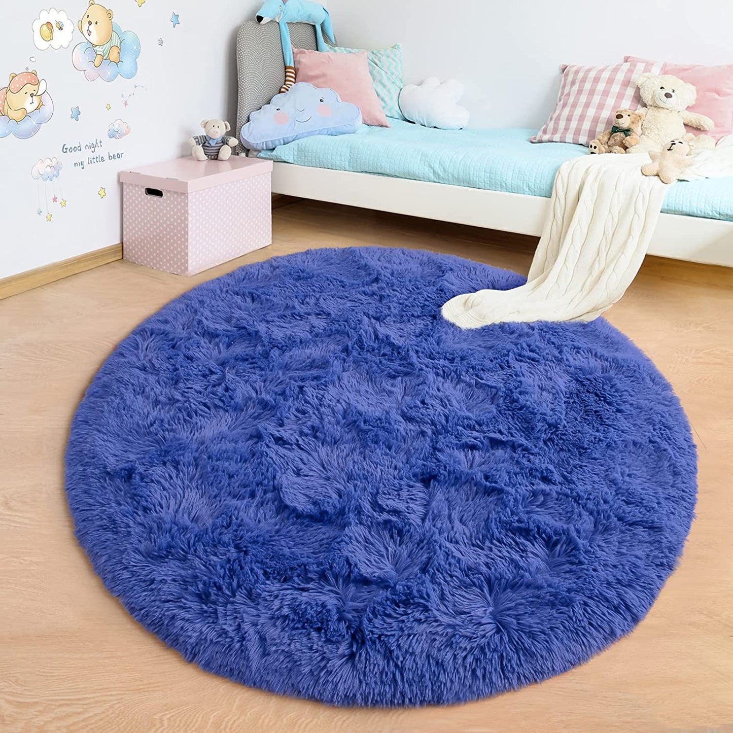 round Rug 5X5 Feet Fluffy Soft Area Rugs for Kids Girls Room Princess Castle Plush Shaggy Carpet Cute Circle Nursery Rug for Kids Girls Bedroom Baby Room Home Decor Circular Carpet, Navy Blue