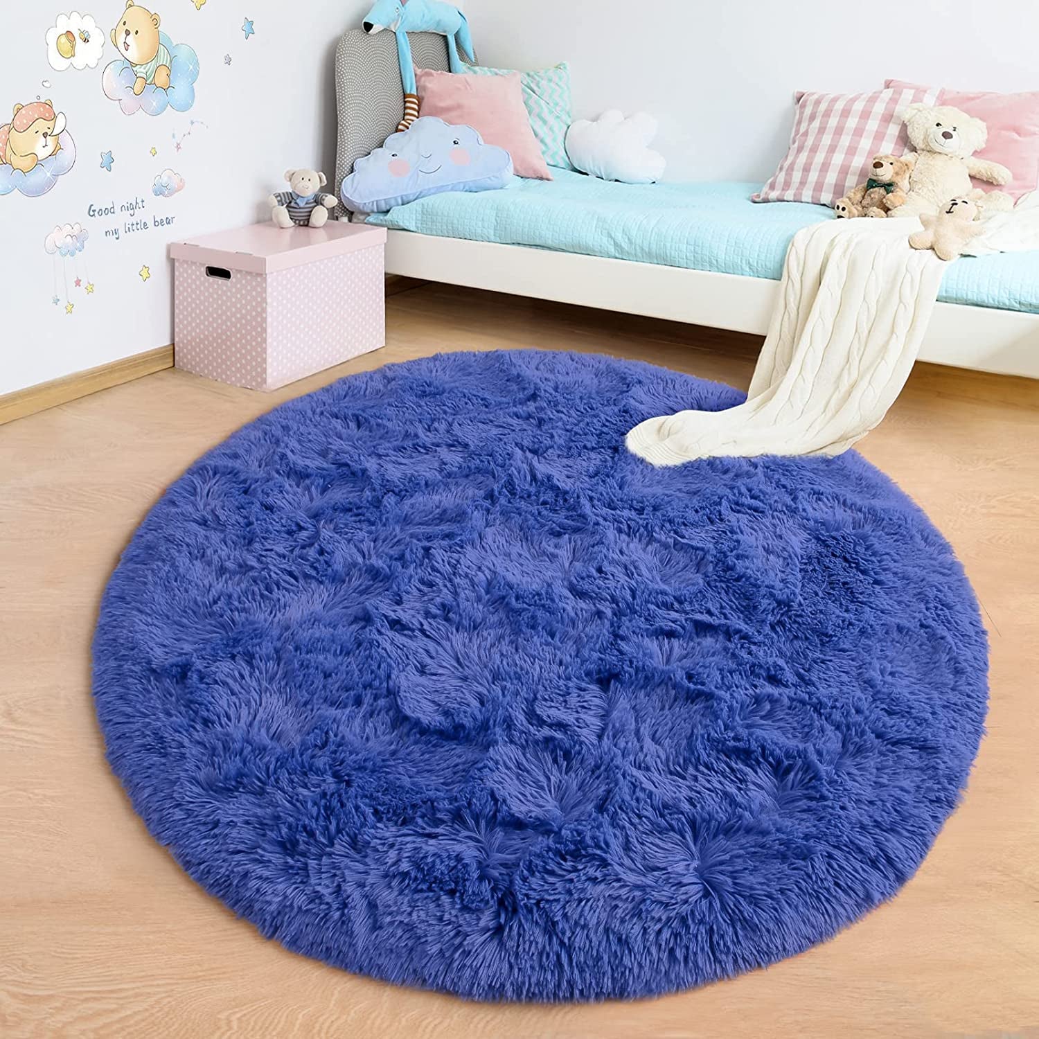 round Rug 5X5 Feet Fluffy Soft Area Rugs for Kids Girls Room Princess Castle Plush Shaggy Carpet Cute Circle Nursery Rug for Kids Girls Bedroom Baby Room Home Decor Circular Carpet, Navy Blue