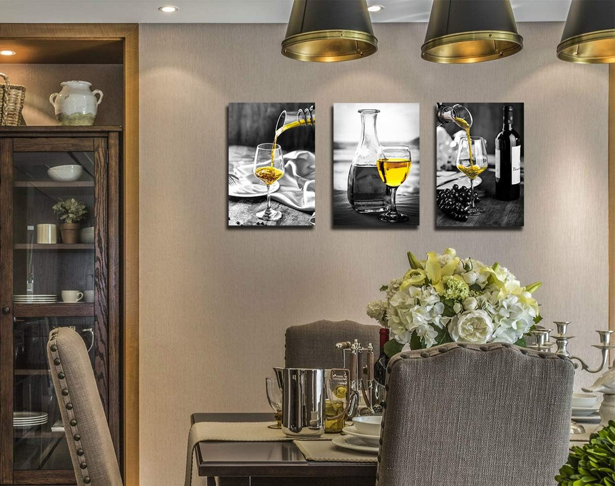 Kitchen Wall Art for Dining Room,Wine Painting Artwork Poster Black White Canvas Yellow Wine in Cups Pictures for Home Decorations