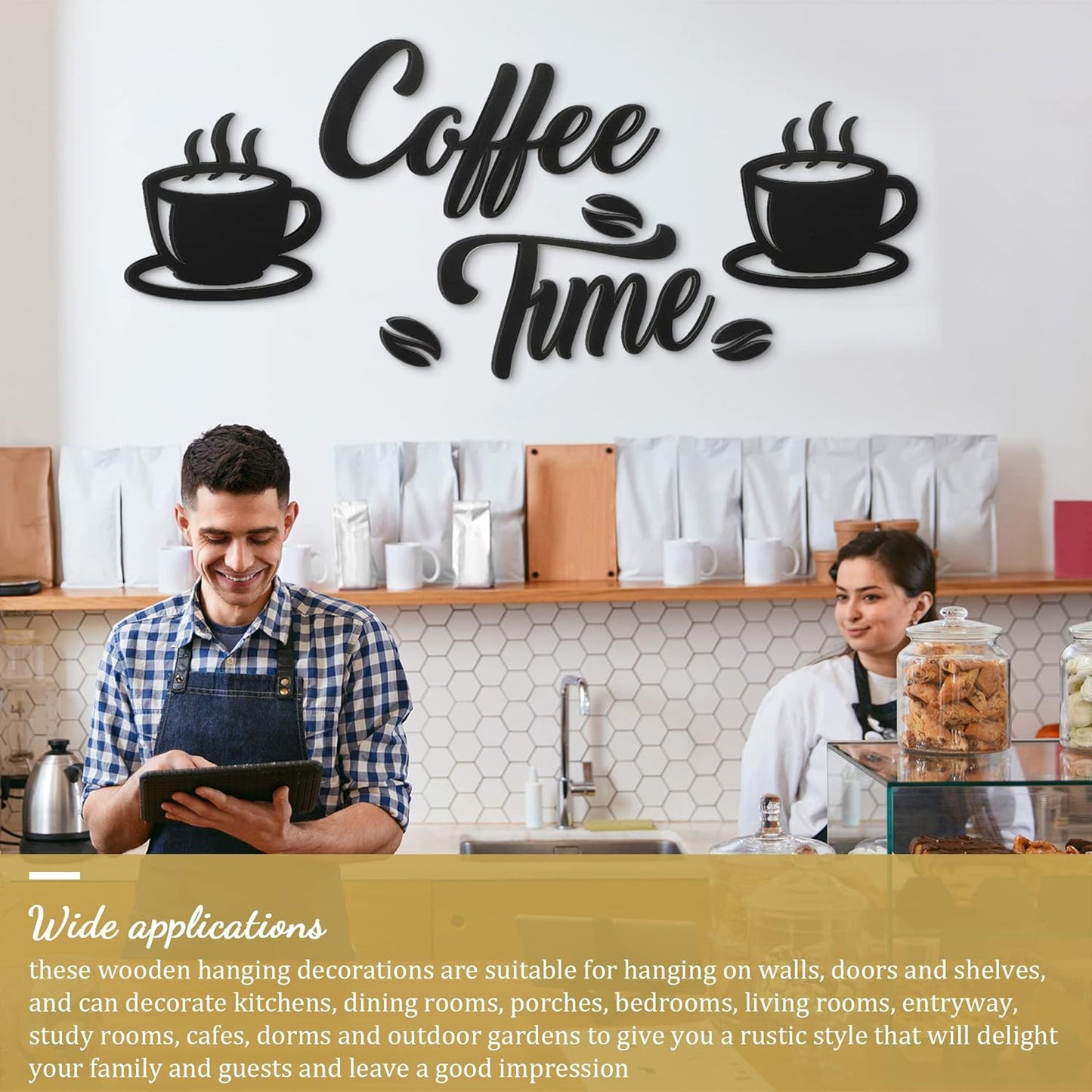 7 Pieces Coffee Time Rustic Sign Coffee Wall Art Coffee Sign Wall Decor with Coffee Beans and Coffee Cups Sign for Coffee Bar Home Office Kitchen (Basic Style)