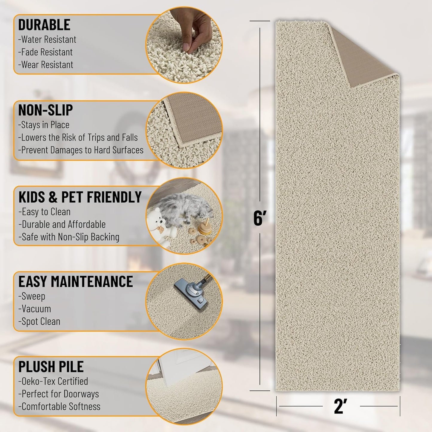 2' X 6' Shaggy Runner Rug - Plush & Cozy Non-Slip Carpet for Bedroom, Living Room, Bathroom & Entryway - Durable & High-Traffic Friendly for Hallways & Dorms, Cream