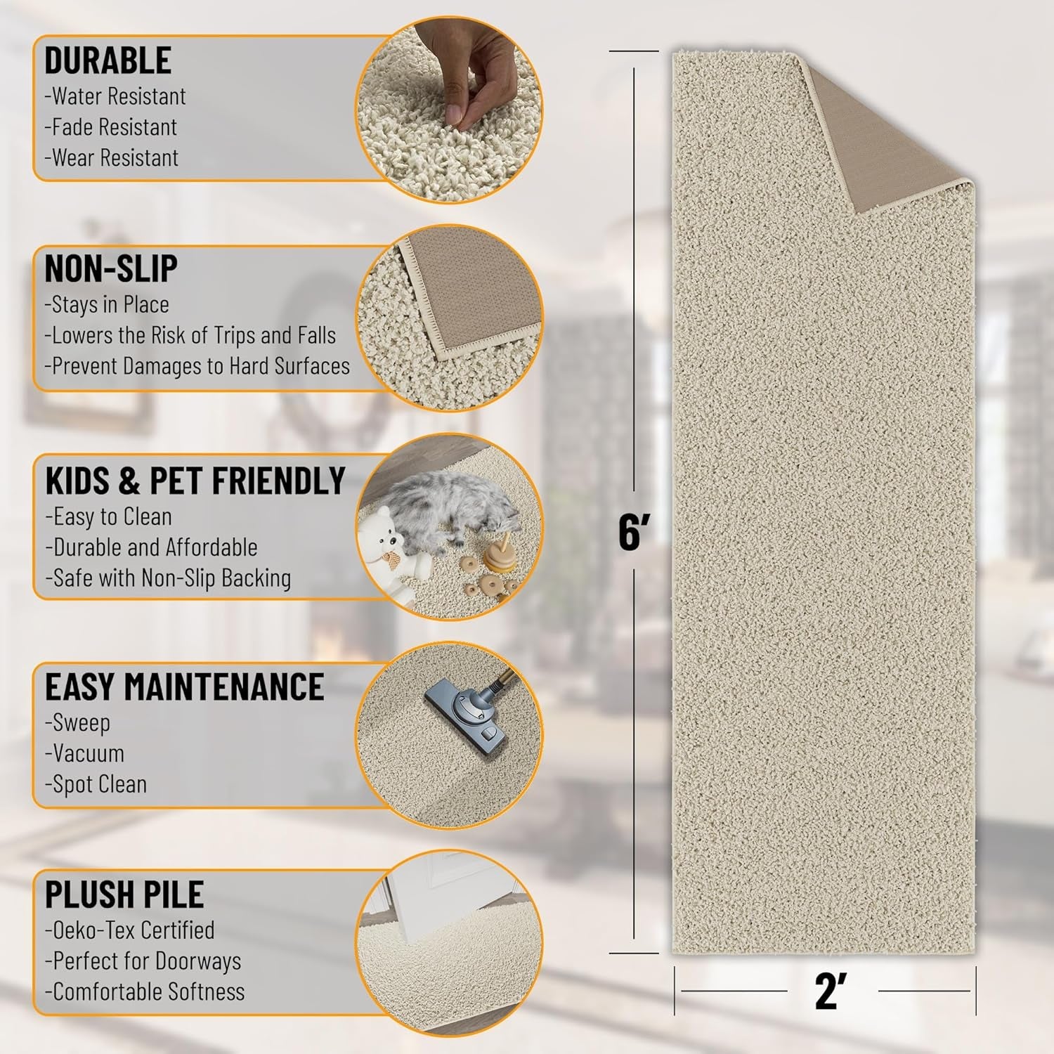 2' X 6' Shaggy Runner Rug - Plush & Cozy Non-Slip Carpet for Bedroom, Living Room, Bathroom & Entryway - Durable & High-Traffic Friendly for Hallways & Dorms, Cream