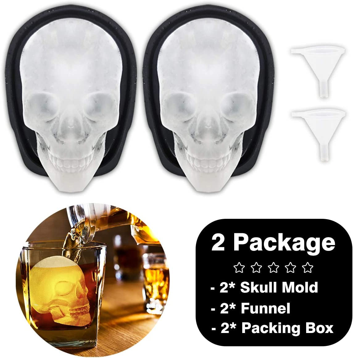 Extra Large 3D Skull Ice Cube Mold Silicone Ice Molds for Whiskey Skull Ice Cube Trays with Funnel for Big Mouth Cup Skull Ice Maker with Resin Chocolate Sugar Whiskey Ice Mold for Parties (2 Pcs)