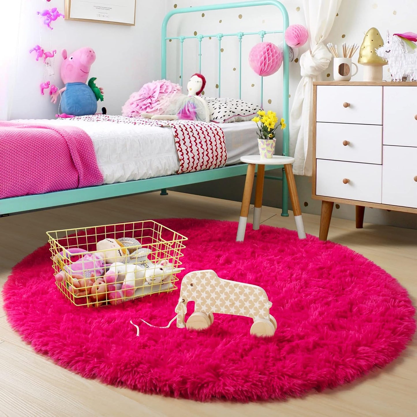 Hot Pink round Rug 4Ft for Girls Bedroom, Fluffy Circle Area Rugs for Kids Room Decor Aesthetic, Shag Plush Fuzzy Furry Carpet for Living Room, Nursery, Dorm, Classroom, Teen, Cute Shaggy Baby Rug