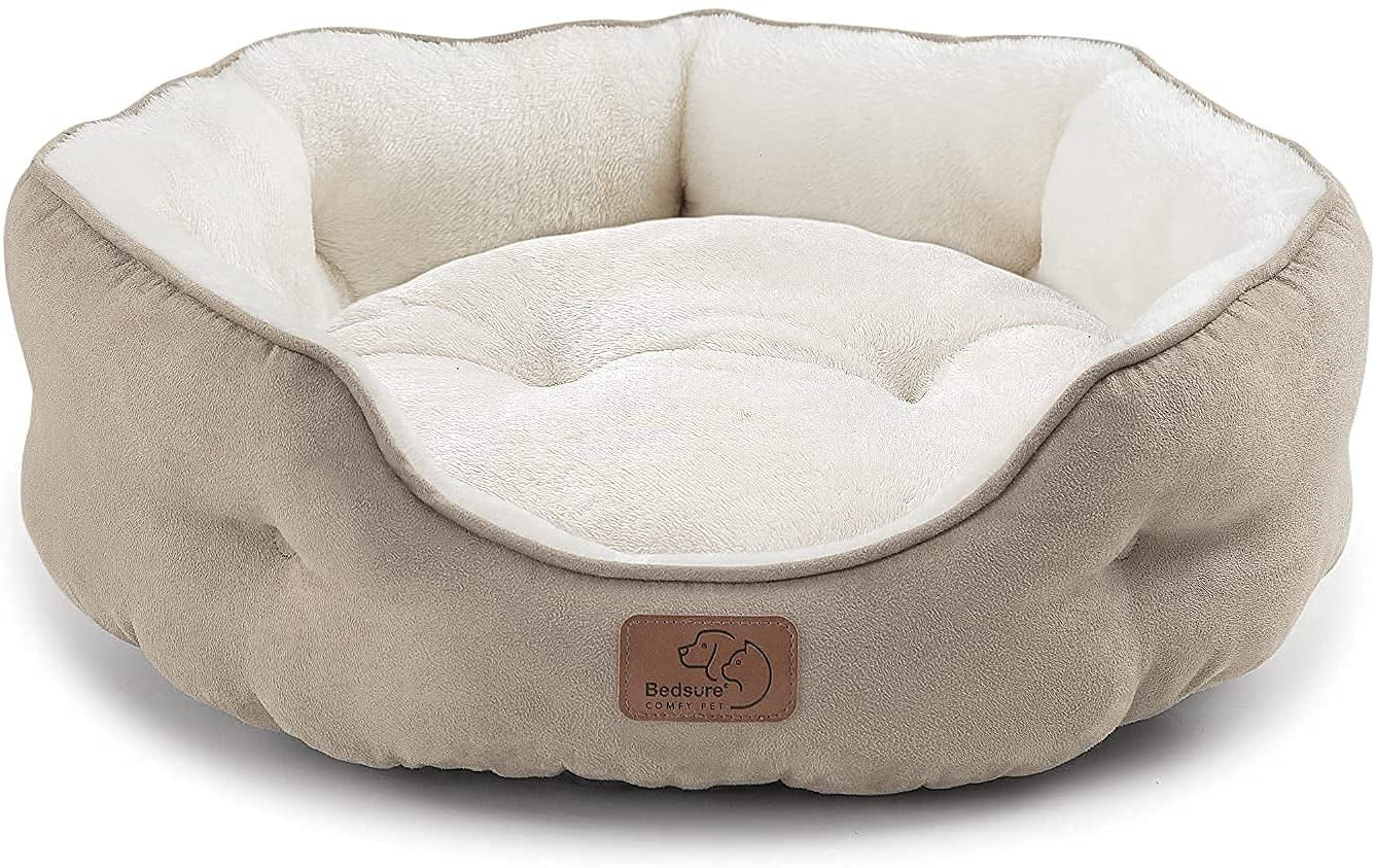 Dog Beds for Small Dogs - round Cat Beds for Indoor Cats, Washable Pet Bed for Puppy and Kitten with Slip-Resistant Bottom, 20 Inches, Camel