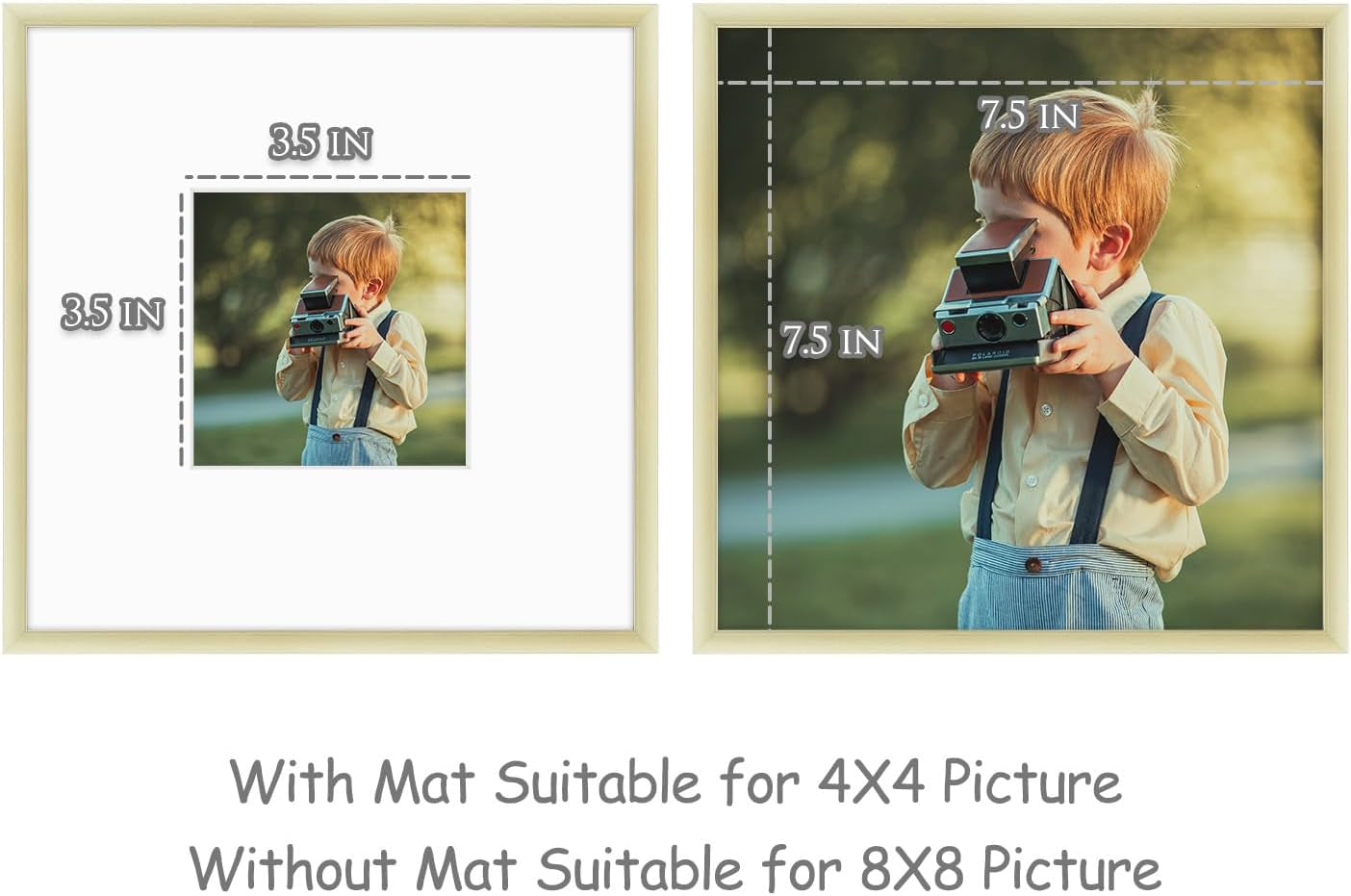 , 8X8 Gold Aluminum Picture Frame - Set of 1 - Ideal for Displaying 4X4 Photos with Mat or 8X8 without Mat - Real Glass Front - Simple Gallery Wall Frames for Art Prints and Posters