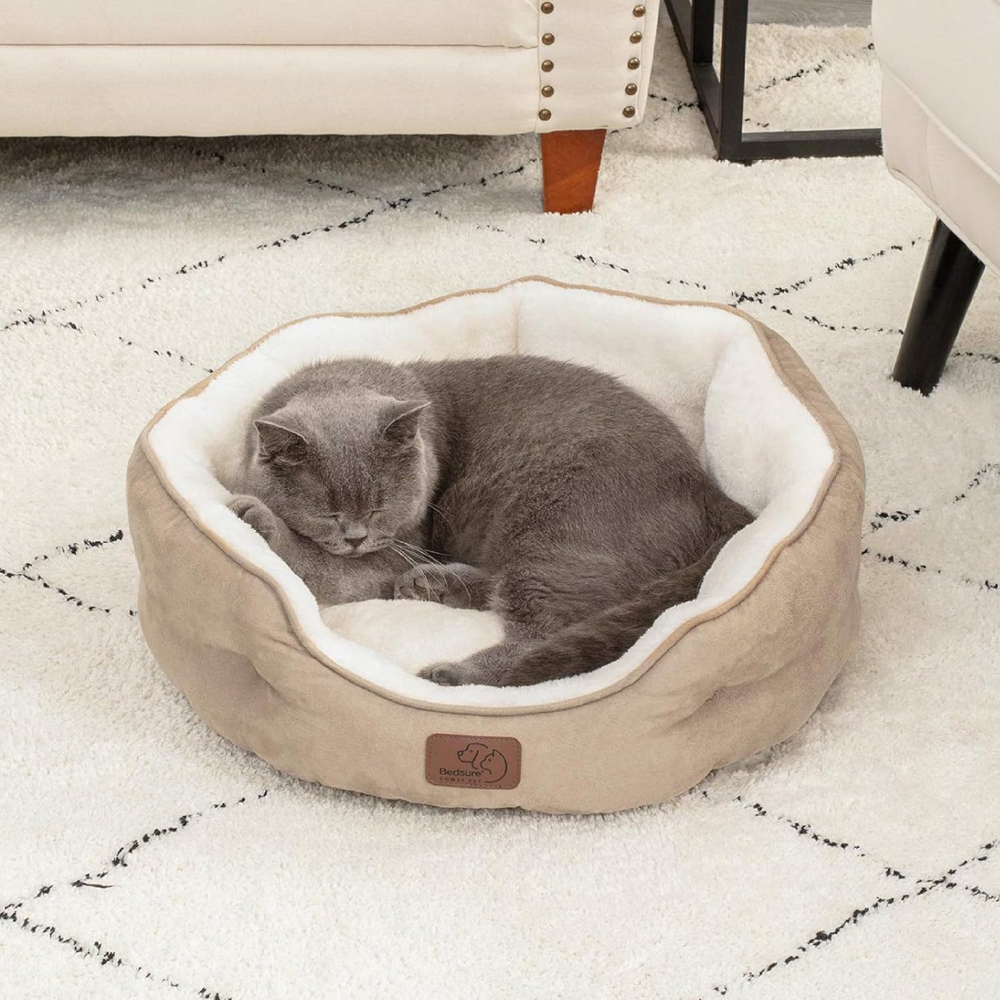 Dog Beds for Small Dogs - round Cat Beds for Indoor Cats, Washable Pet Bed for Puppy and Kitten with Slip-Resistant Bottom, 20 Inches, Camel