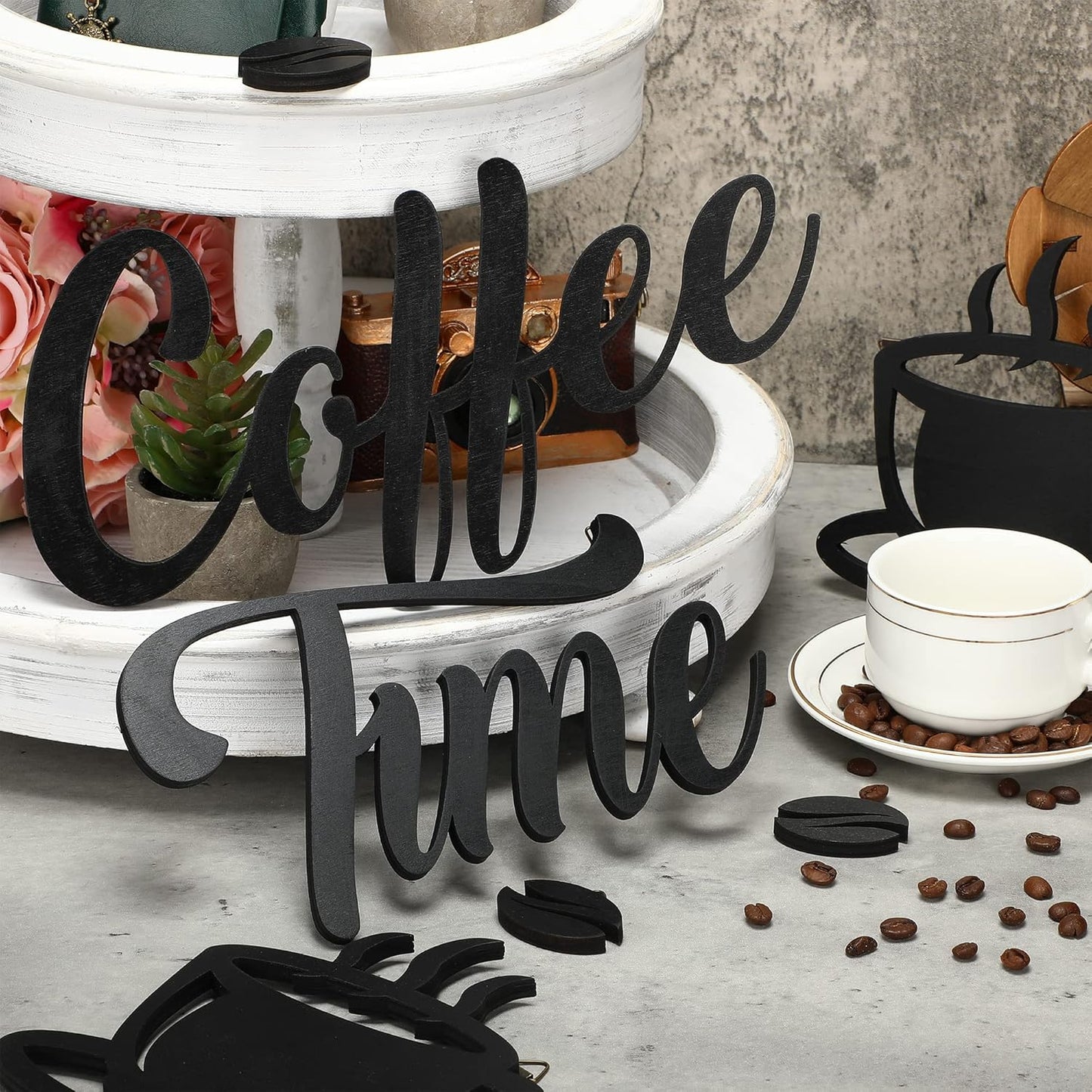 7 Pieces Coffee Time Rustic Sign Coffee Wall Art Coffee Sign Wall Decor with Coffee Beans and Coffee Cups Sign for Coffee Bar Home Office Kitchen (Basic Style)