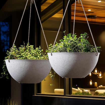 Large Hanging Planters for Outdoor Plants - 13 Inch Hanging Flower Pots Set of 2, Speckled White